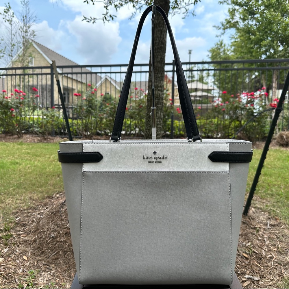 Kate Spade Staci Leather Laptop Tote Shoulder Bag Triple compartment Grey/Silver